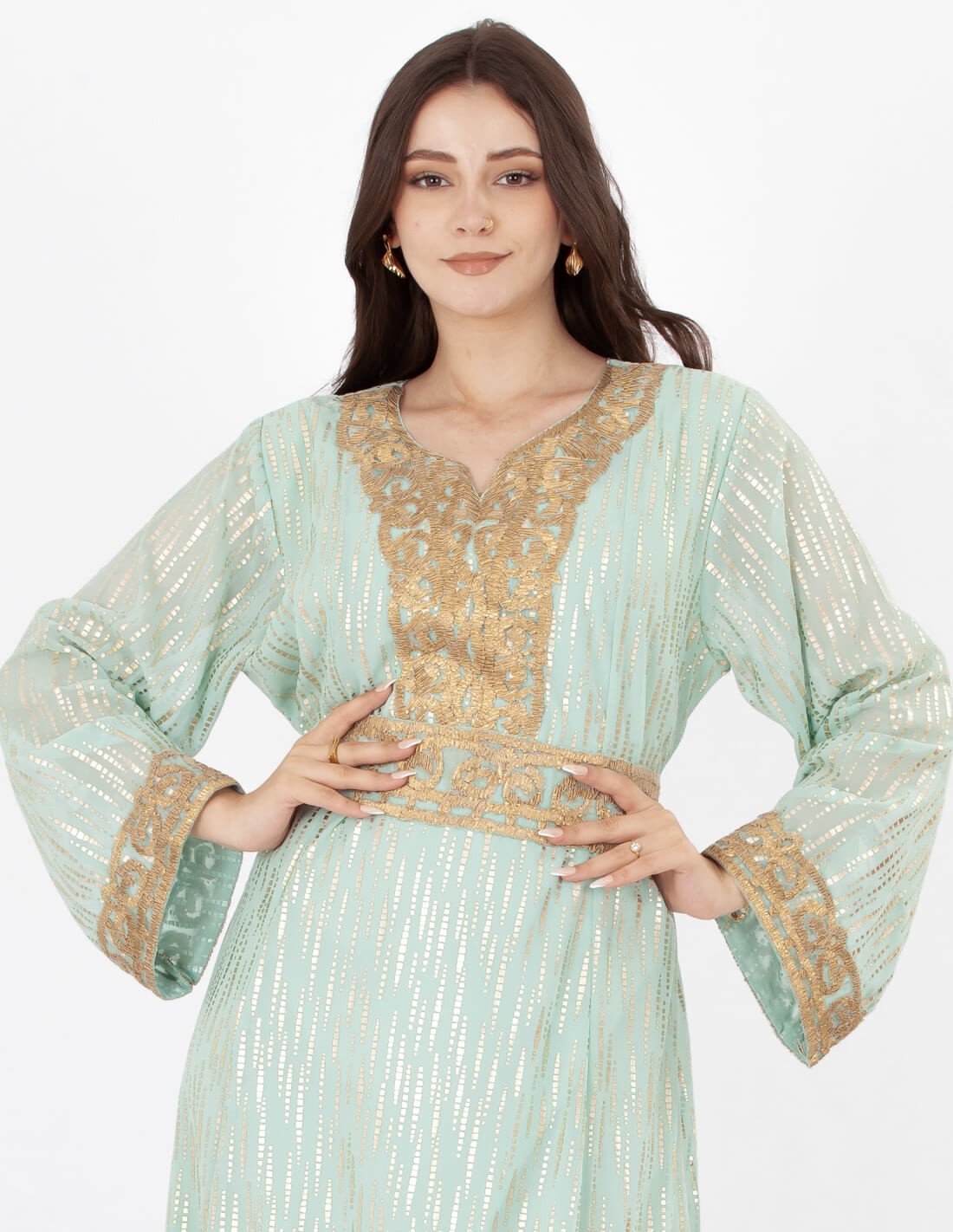 جلابية سهرة وسط كم طويل تطريز قصب