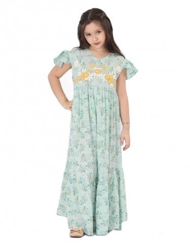 Girls' Floral Jilbab without Sleeves and Golden Embroidery