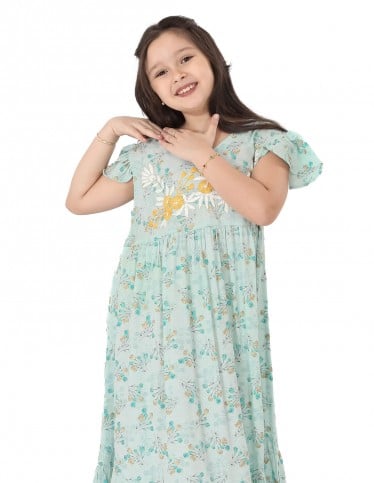 Girls' Floral Jilbab without Sleeves and Golden Embroidery