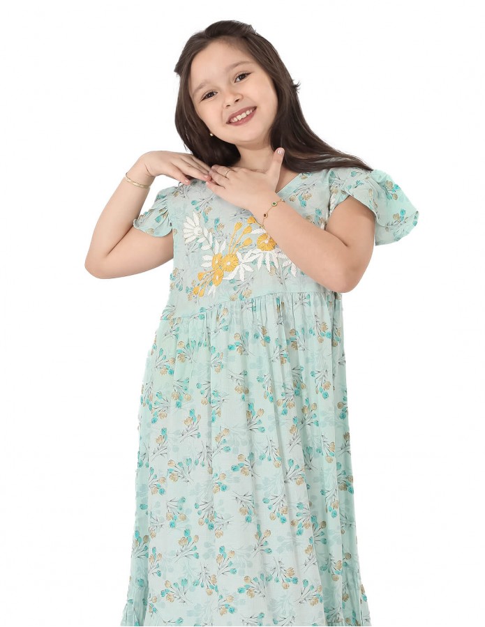 Girls' Floral Jilbab without Sleeves and Golden Embroidery