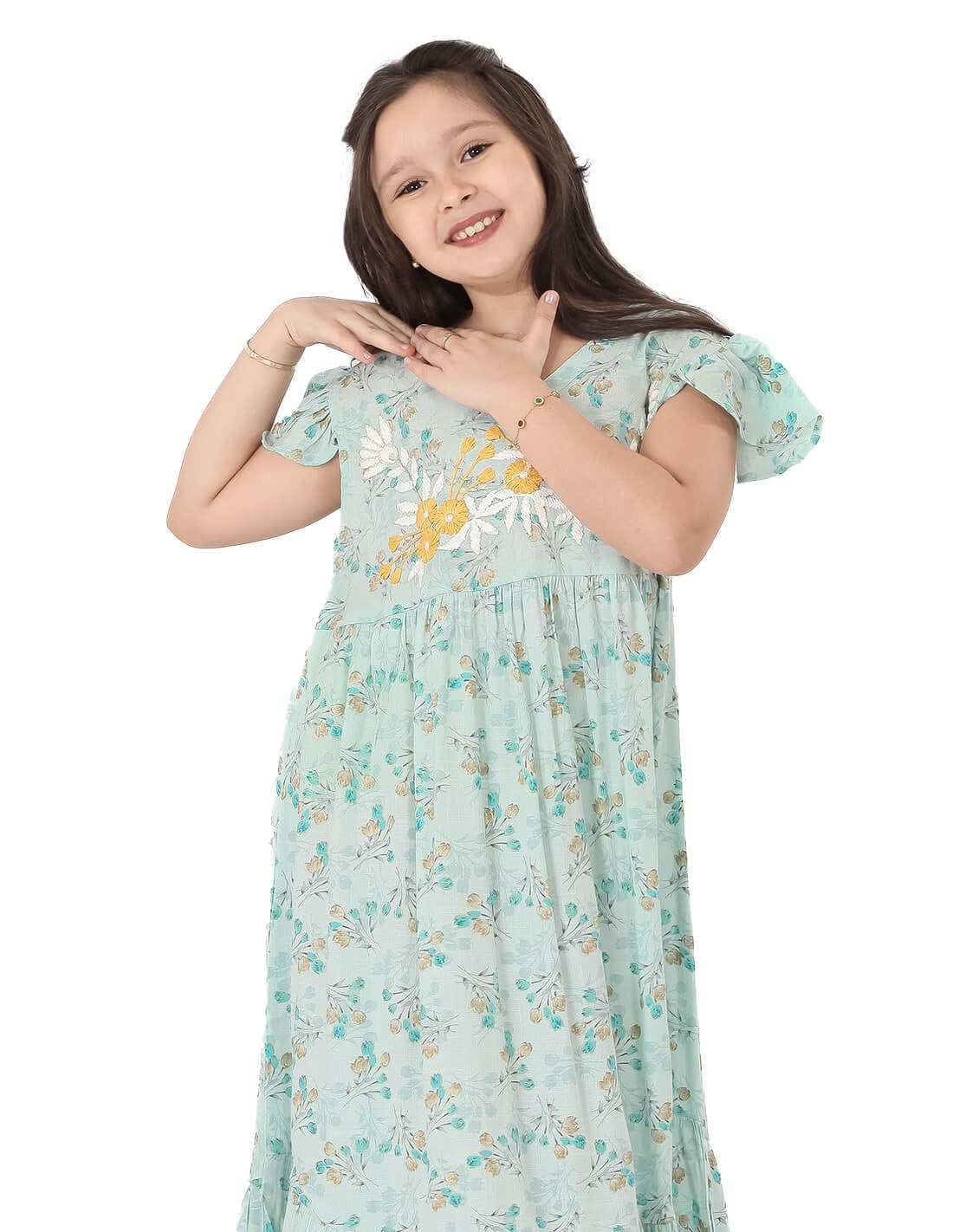 Girls' Floral Jilbab without Sleeves and Golden Embroidery