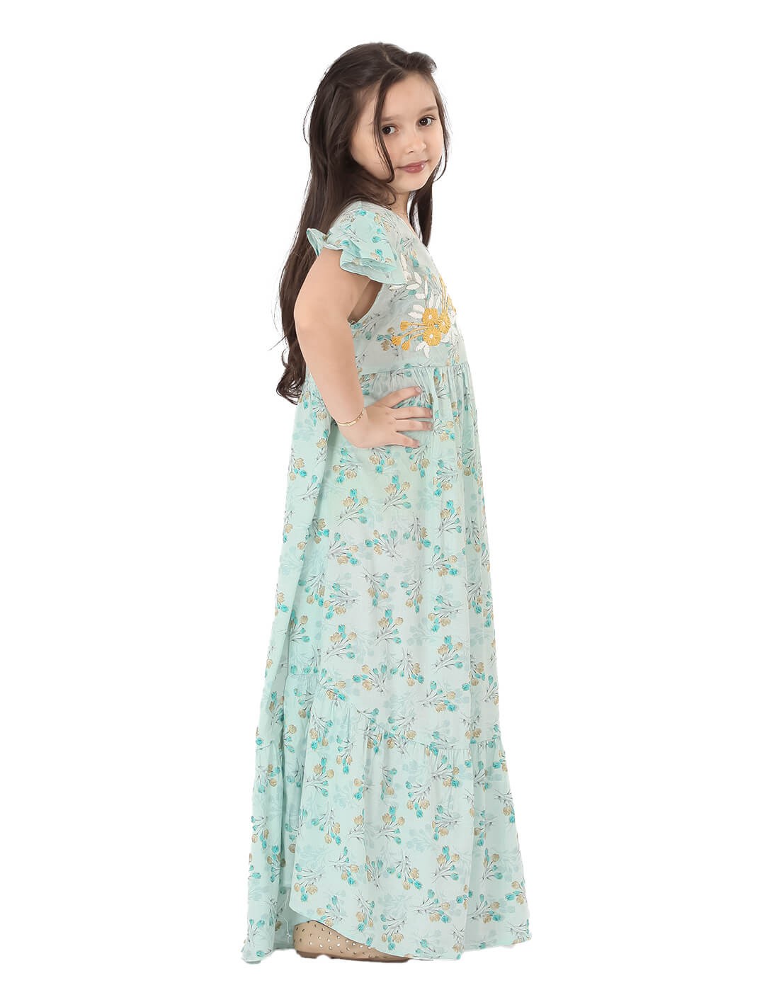 Girls' Floral Jilbab without Sleeves and Golden Embroidery