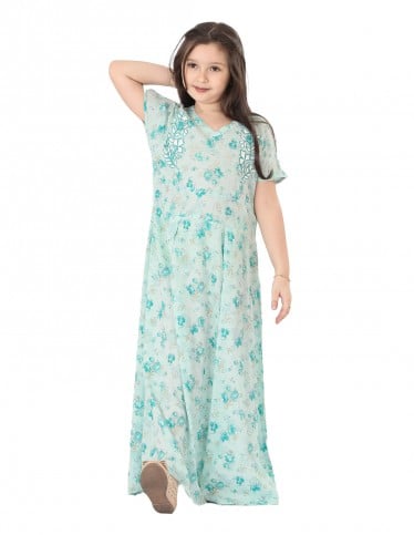 Girls' Floral Jilbab with Half Sleeves and White Embroidery