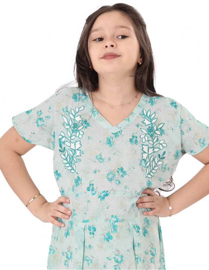 Girls' Floral Jilbab with Half Sleeves and White Embroidery