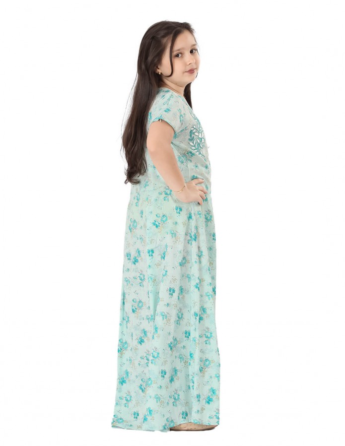 Girls' Floral Jilbab with Half Sleeves and White Embroidery