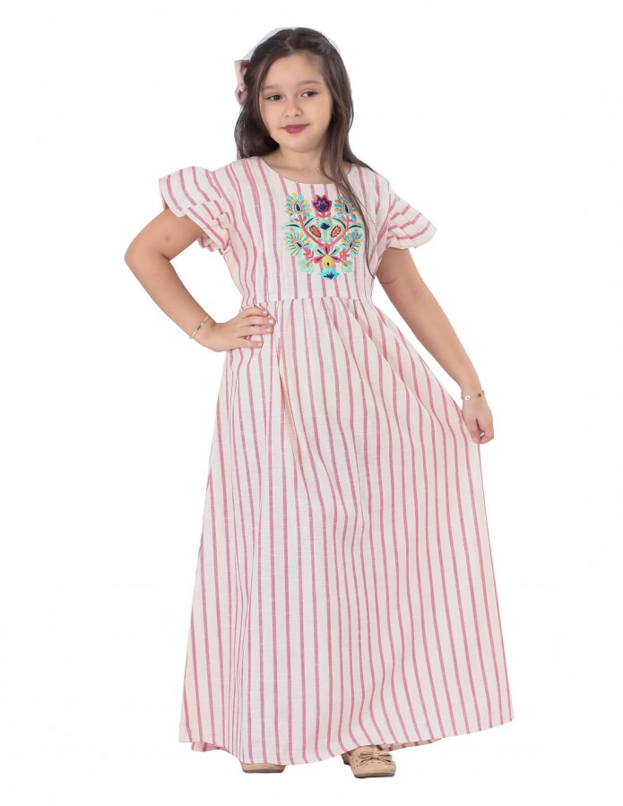 Girls' Striped Jilbab without Sleeves with Chest Embroidery