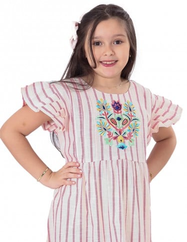 Girls' Striped Jilbab without Sleeves with Chest Embroidery