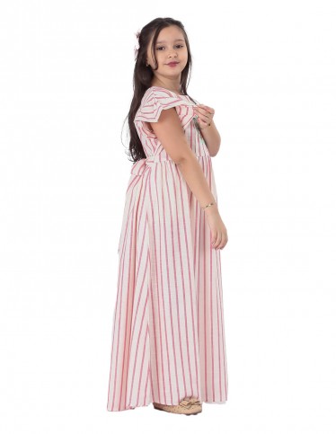 Girls' Striped Jilbab without Sleeves with Chest Embroidery