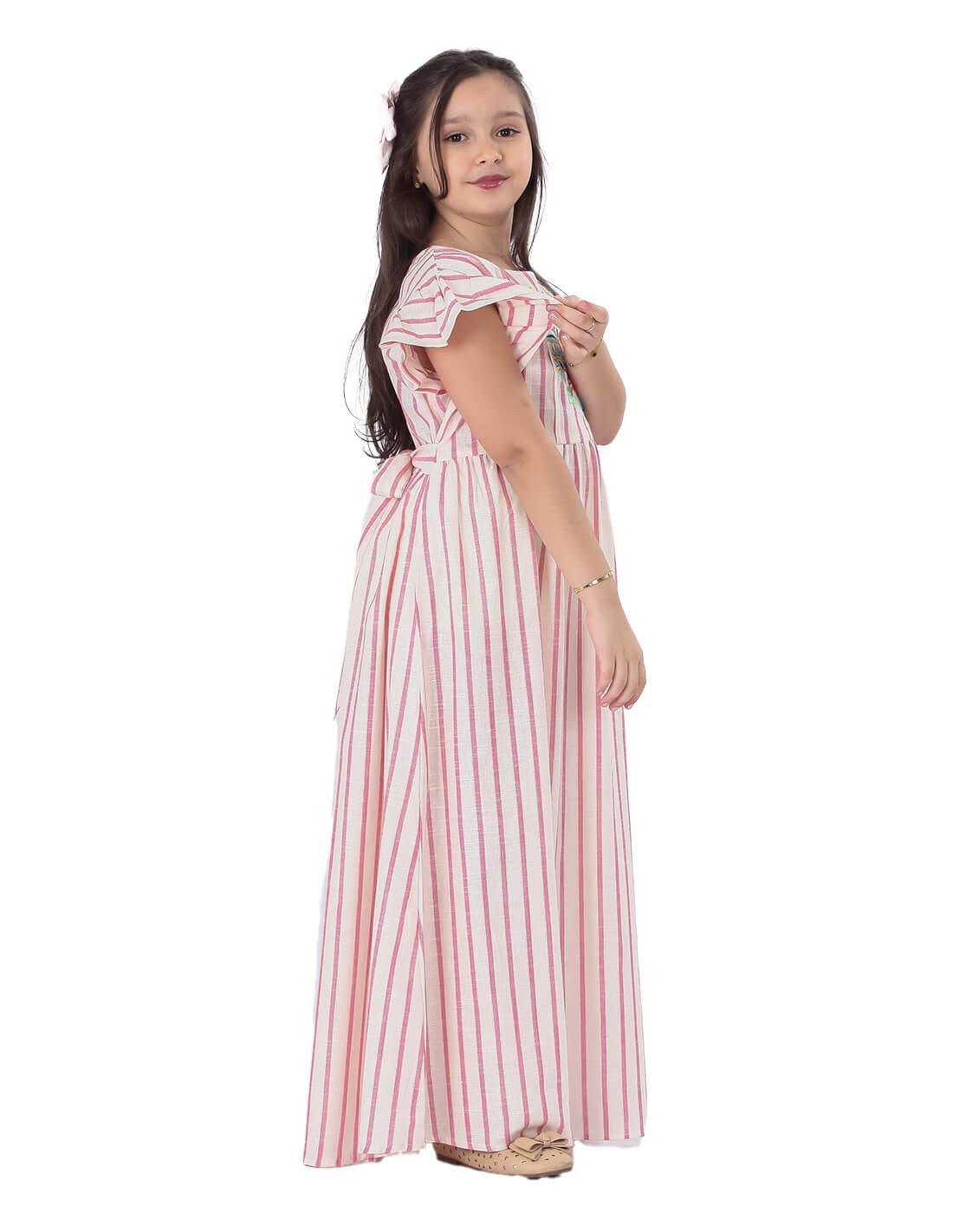 Girls' Striped Jilbab without Sleeves with Chest Embroidery