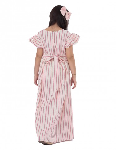 Girls' Striped Jilbab without Sleeves with Chest Embroidery
