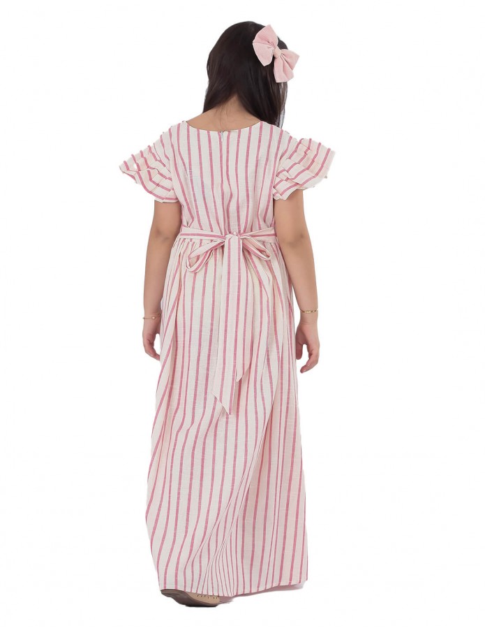 Girls' Striped Jilbab without Sleeves with Chest Embroidery