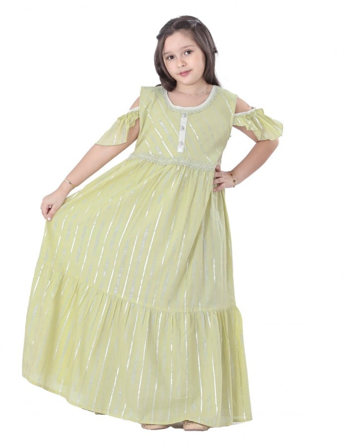 Girls' Striped Jilbab with Half Sleeves, Silver Embroidery, and Circular Collar