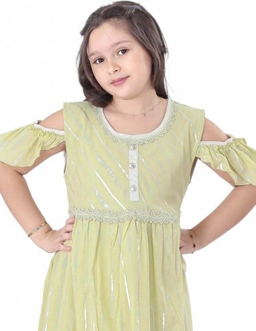 Girls' Striped Jilbab with Half Sleeves, Silver Embroidery, and Circular Collar
