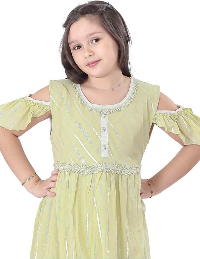 Girls' Striped Jilbab with Half Sleeves, Silver Embroidery, and Circular Collar