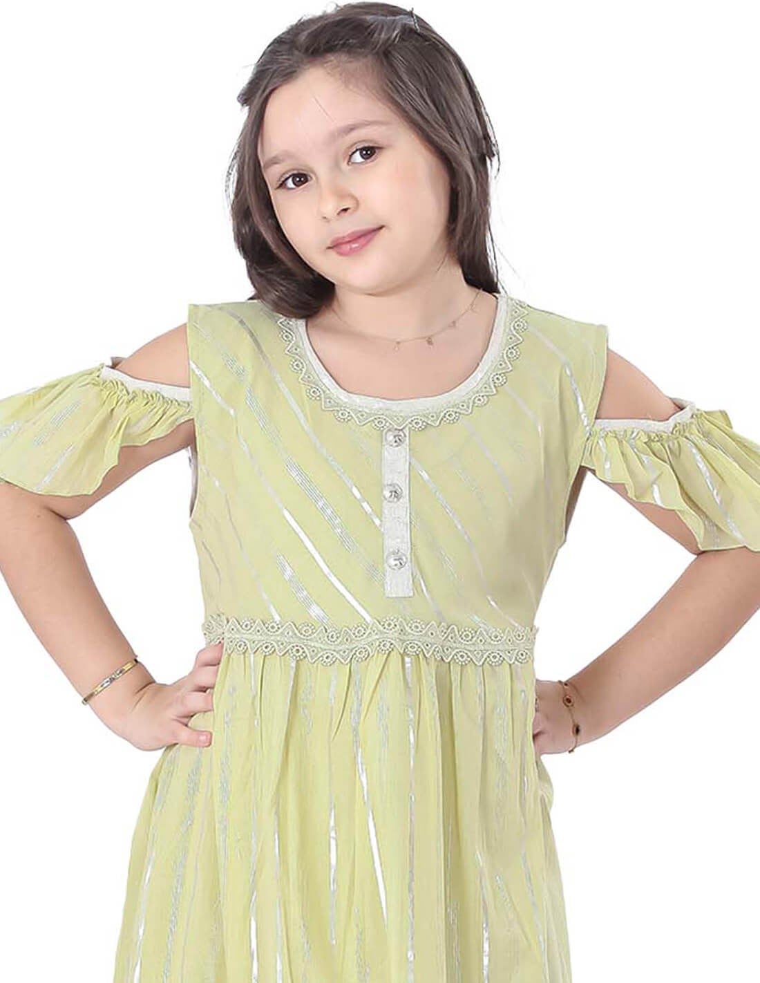 Girls' Striped Jilbab with Half Sleeves, Silver Embroidery, and Circular Collar