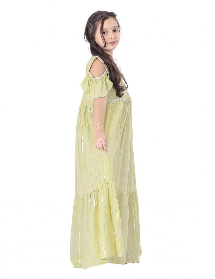 Girls' Striped Jilbab with Half Sleeves, Silver Embroidery, and Circular Collar