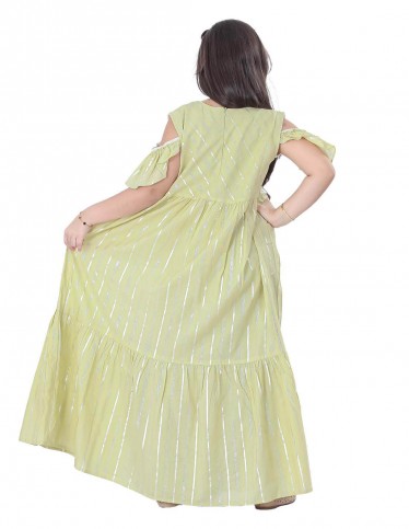 Girls' Striped Jilbab with Half Sleeves, Silver Embroidery, and Circular Collar