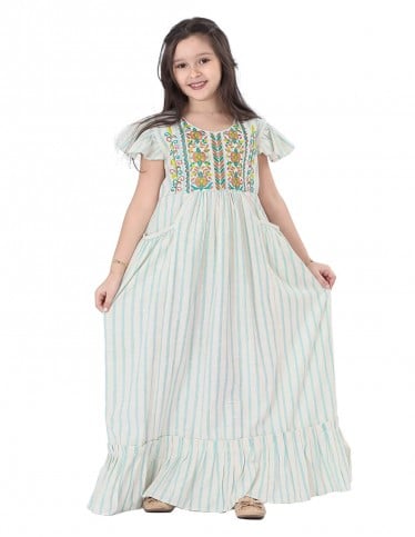 "Girls' Cap Sleeved Striped Jilbab with Stitch Embroidery on the Chest