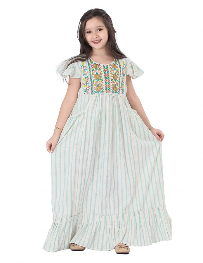 "Girls' Cap Sleeved Striped Jilbab with Stitch Embroidery on the Chest