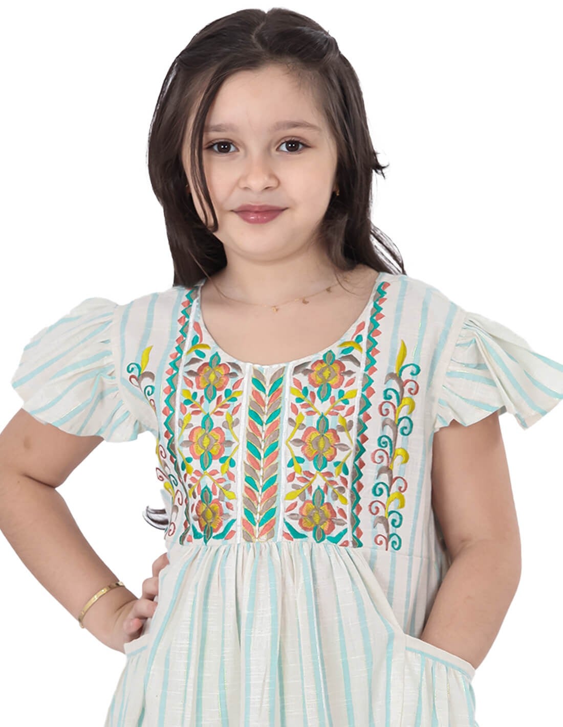 "Girls' Cap Sleeved Striped Jilbab with Stitch Embroidery on the Chest