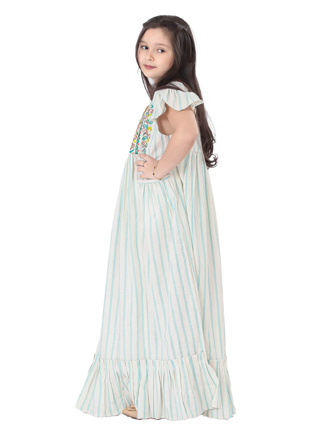 "Girls' Cap Sleeved Striped Jilbab with Stitch Embroidery on the Chest
