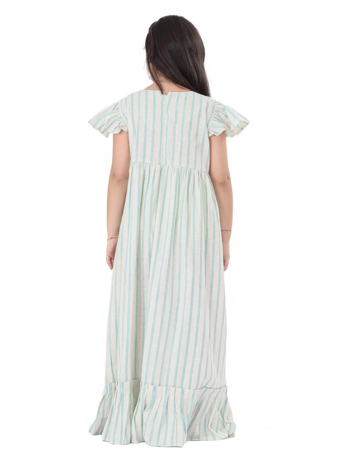 "Girls' Cap Sleeved Striped Jilbab with Stitch Embroidery on the Chest