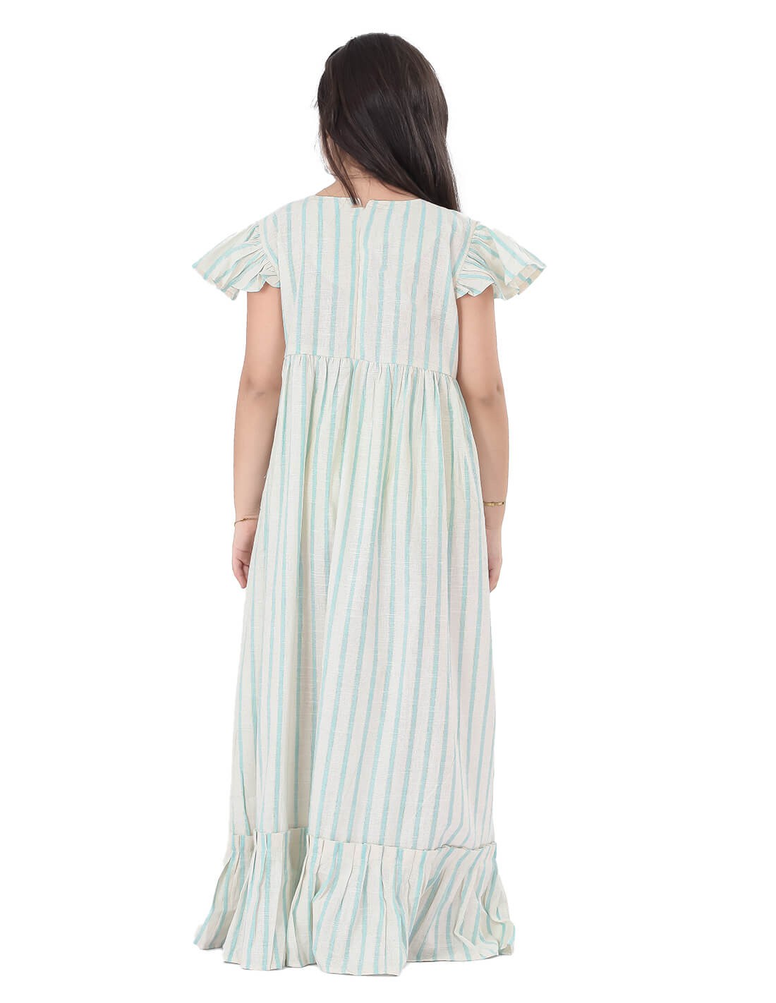 "Girls' Cap Sleeved Striped Jilbab with Stitch Embroidery on the Chest