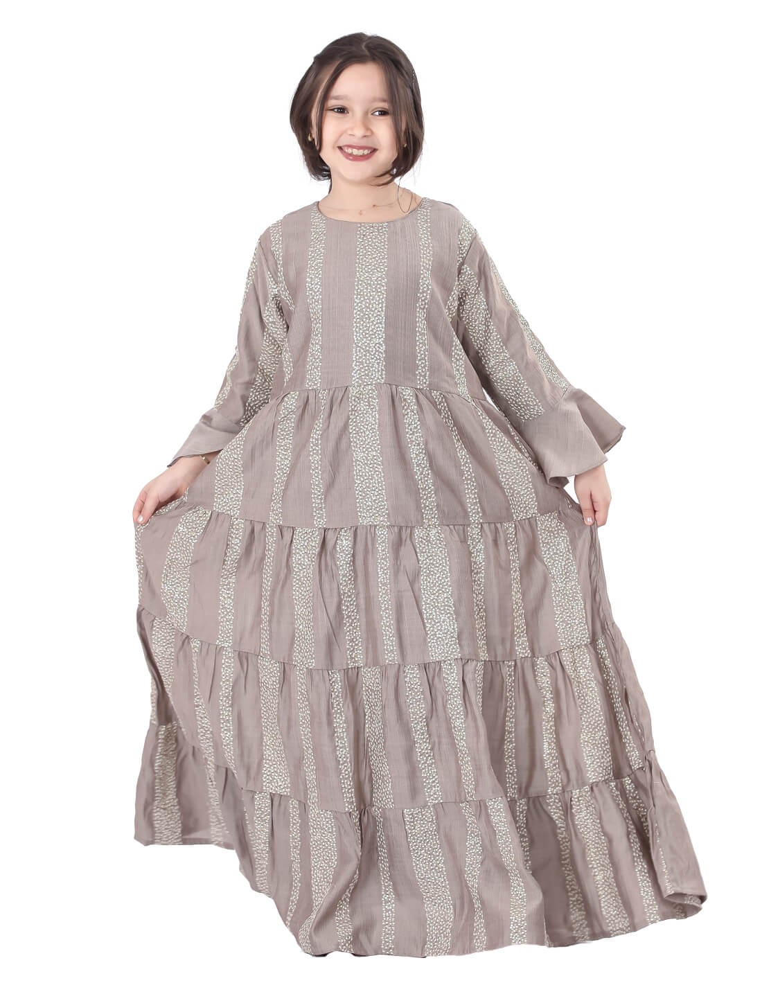 Girls' Long Sleeved Jilbab with a Layered Striped Design