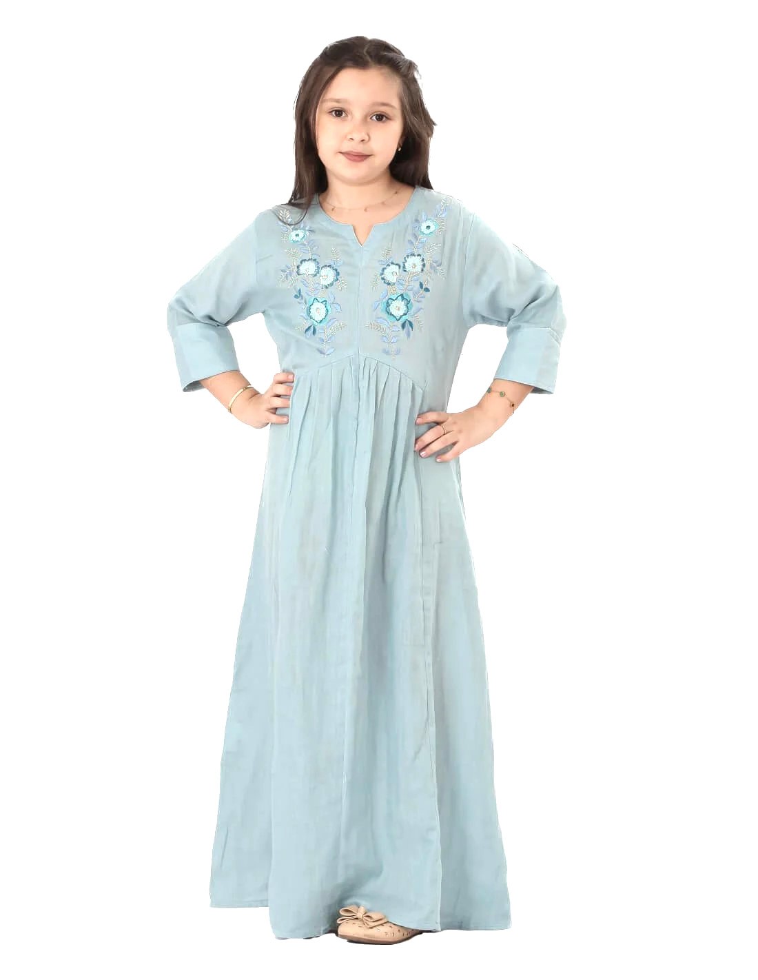 Girls' Jilbab with Long Sleeves and Soft Embroidery