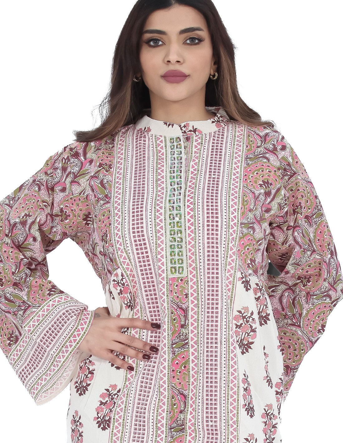 Hosting Jalabiya with embroidery in the center and full print.