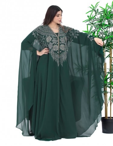 Luxurious evening Jalabiya with gemstone embroidery.