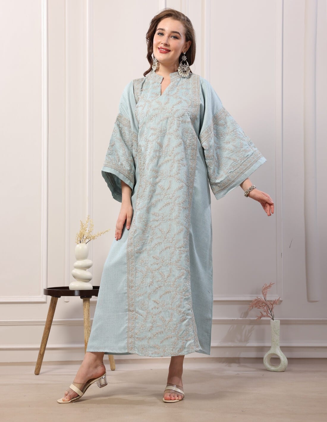 جلابية كم طويل واسع تطريز