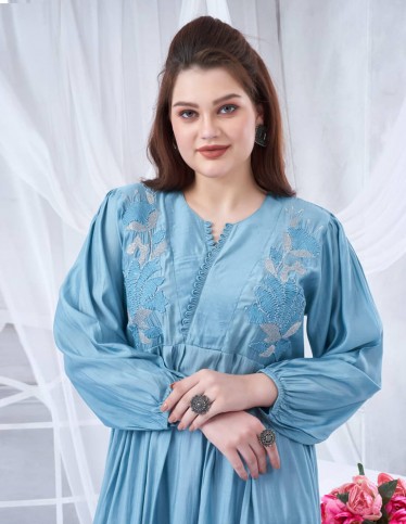 Elegant Blue Jalabiya with Gathered Sleeves and Embroidery