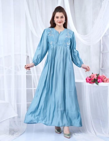Elegant Blue Jalabiya with Gathered Sleeves and Embroidery