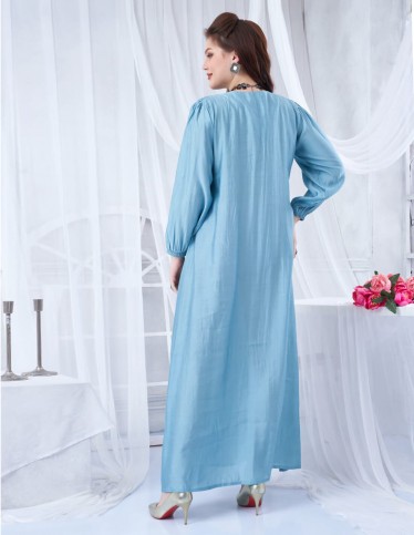 Elegant Blue Jalabiya with Gathered Sleeves and Embroidery