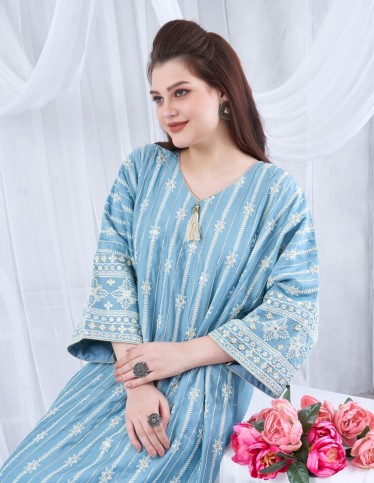 Two-thirds sleeve jalabiya with full embroidery