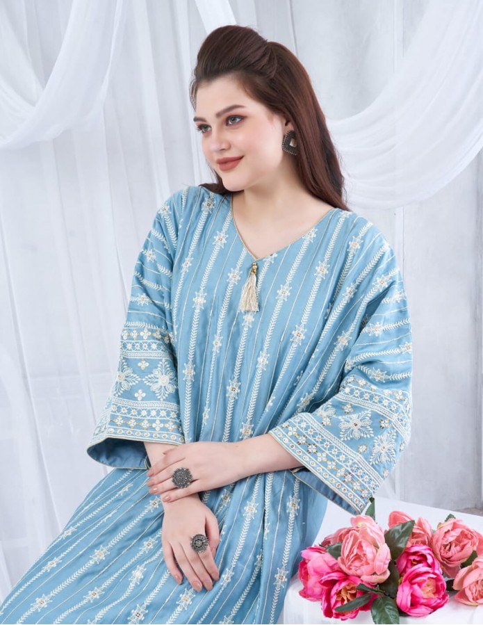 Two-thirds sleeve jalabiya with full embroidery