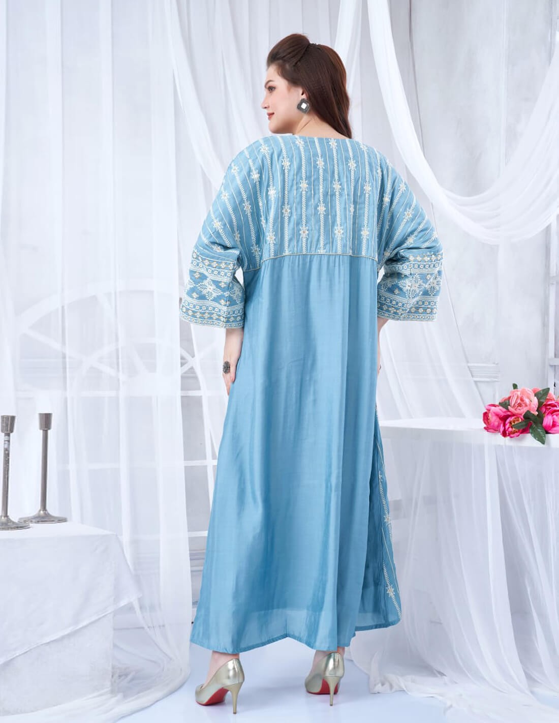 Two-thirds sleeve jalabiya with full embroidery