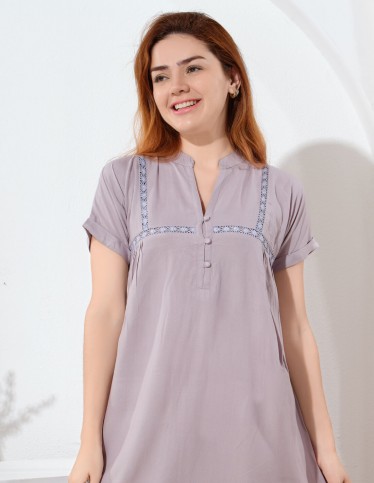 Lilac Reception Kaftan with Band Collar & Blue Trim