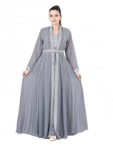 Grey jalabiya with silver embroidery, ideal for occasions.