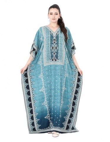 Loose printed jalabiya in blue and black.