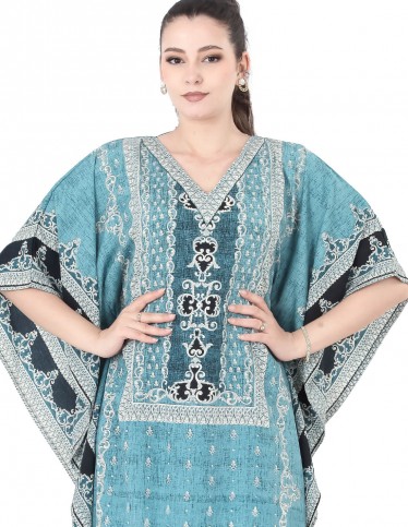 Loose printed jalabiya in blue and black.