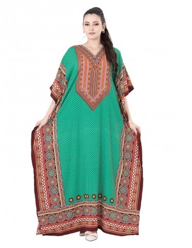Green jalabiya with traditional prints.