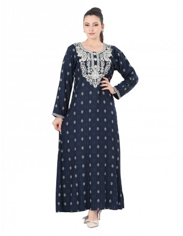 Navy blue embroidered jalabiya for evenings.