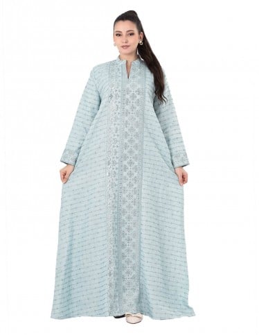 Light mint jalabiya with elegant front embroidery.