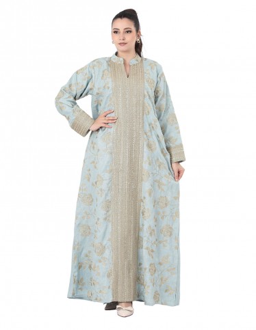 Mint jalabiya with golden floral details.