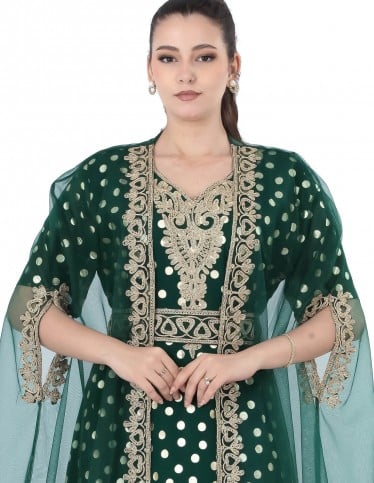 Green evening jalabiya with embroidered cape.