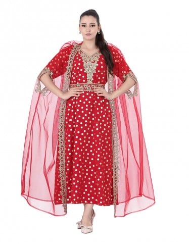 Red evening jalabiya with ornate embroidered cape.