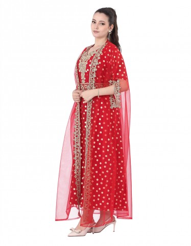 Red evening jalabiya with ornate embroidered cape.