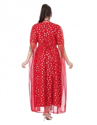 Red evening jalabiya with ornate embroidered cape.
